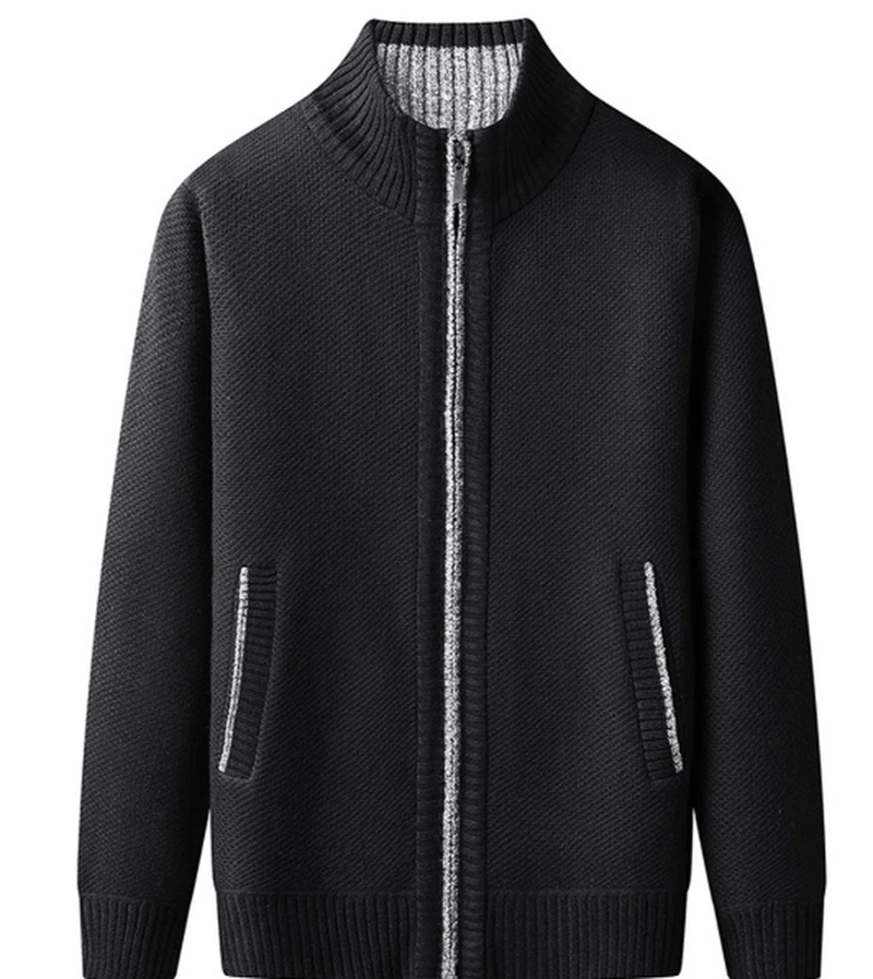 Men&#39;s Full Zip Knit Sweater With Ribbed Cuffs And Hem