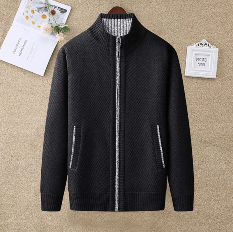 Men&#39;s Full Zip Knit Sweater With Ribbed Cuffs And Hem