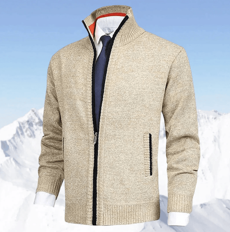 Men&#39;s Full Zip Knit Sweater With Ribbed Cuffs And Hem