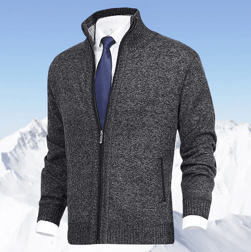 Men&#39;s Full Zip Knit Sweater With Ribbed Cuffs And Hem