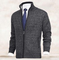 Men&#39;s Full Zip Knit Sweater With Ribbed Cuffs And Hem