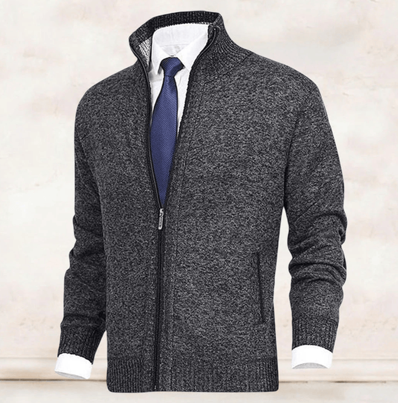 Men&#39;s Full Zip Knit Sweater With Ribbed Cuffs And Hem