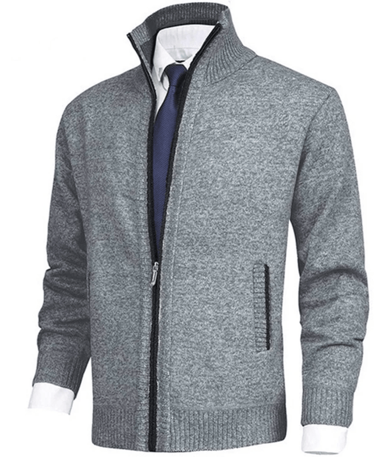 Men&#39;s Full Zip Knit Sweater With Ribbed Cuffs And Hem