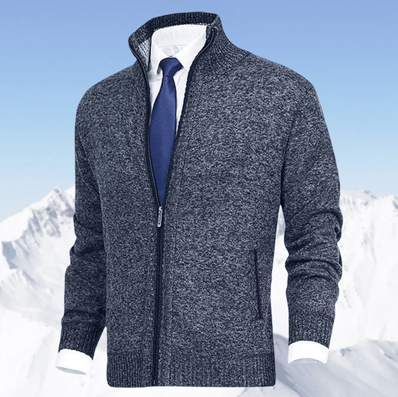 Men&#39;s Full Zip Knit Sweater With Ribbed Cuffs And Hem