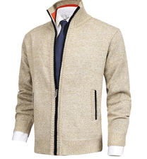 Men&#39;s Full Zip Knit Sweater With Ribbed Cuffs And Hem
