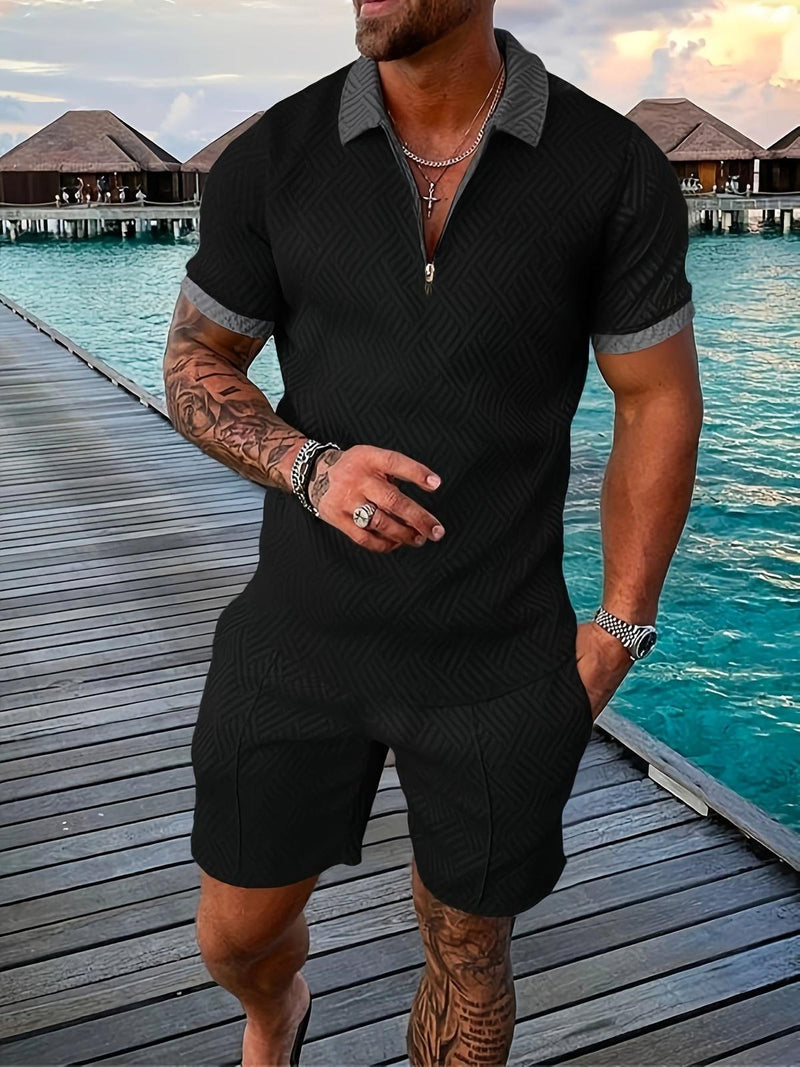 Men&#39;s Geometric Zip-Up Short Set