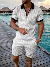 Men&#39;s Geometric Zip-Up Short Set