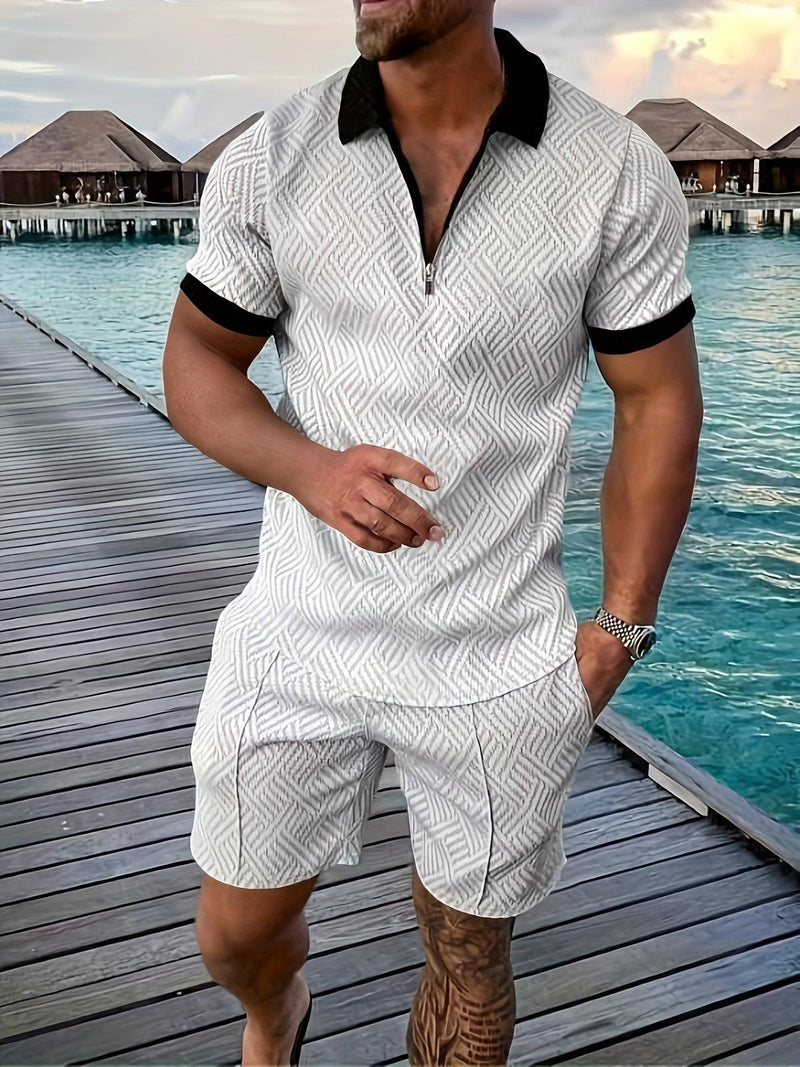 Men&#39;s Geometric Zip-Up Short Set