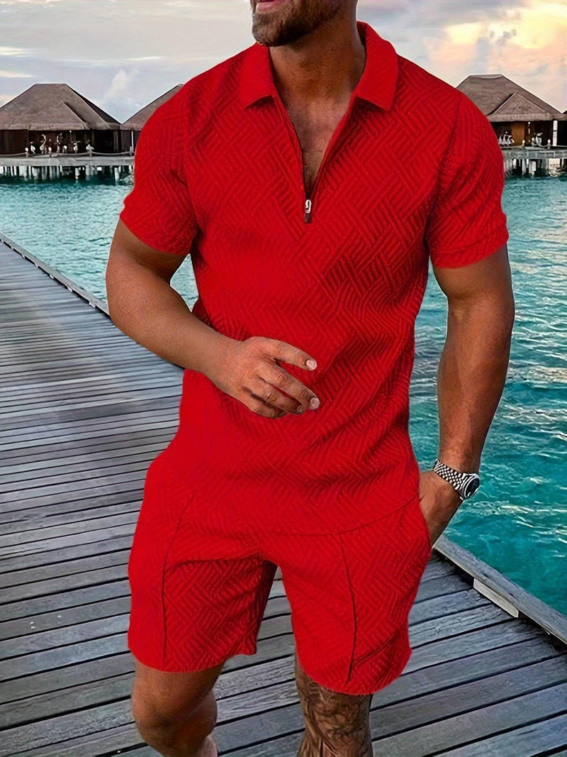 Men&#39;s Geometric Zip-Up Short Set