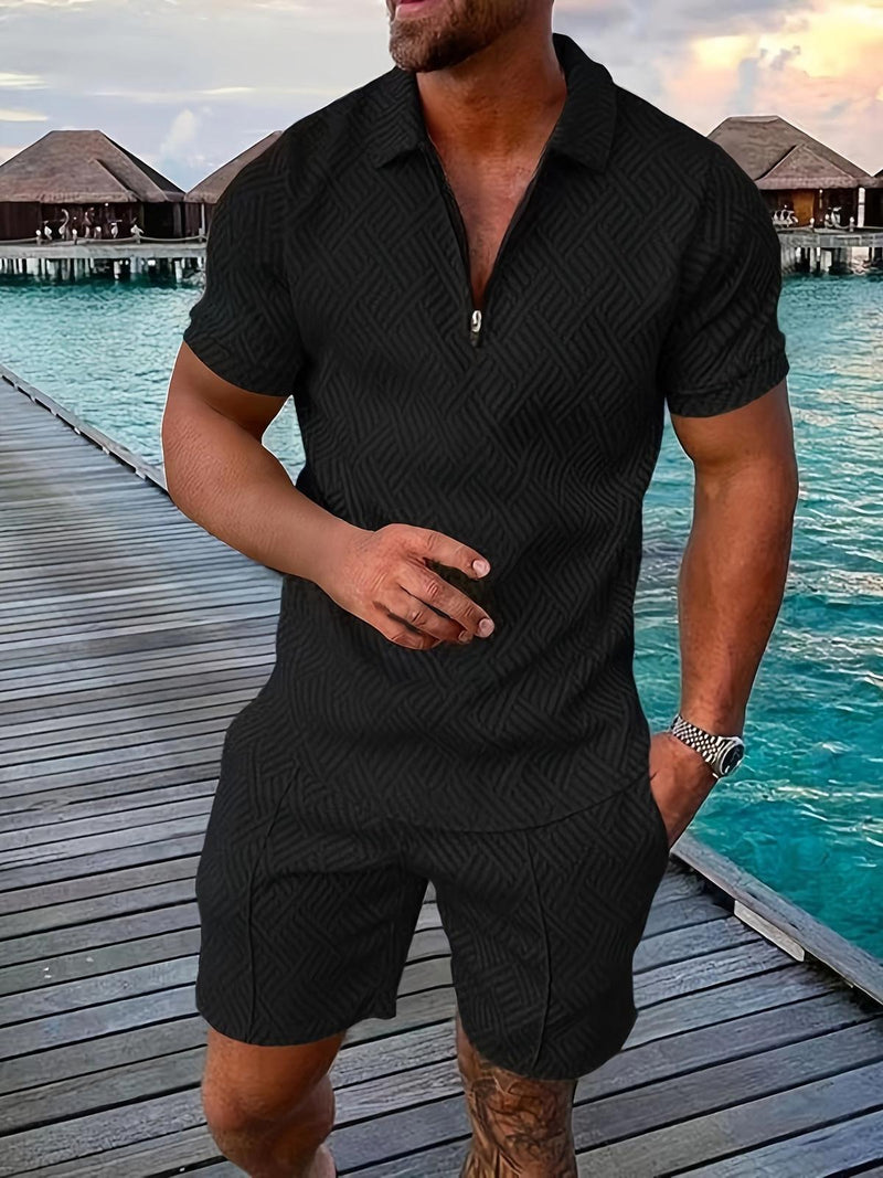 Men&#39;s Geometric Zip-Up Short Set