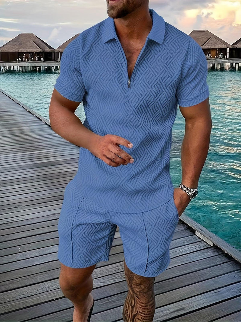 Men&#39;s Geometric Zip-Up Short Set