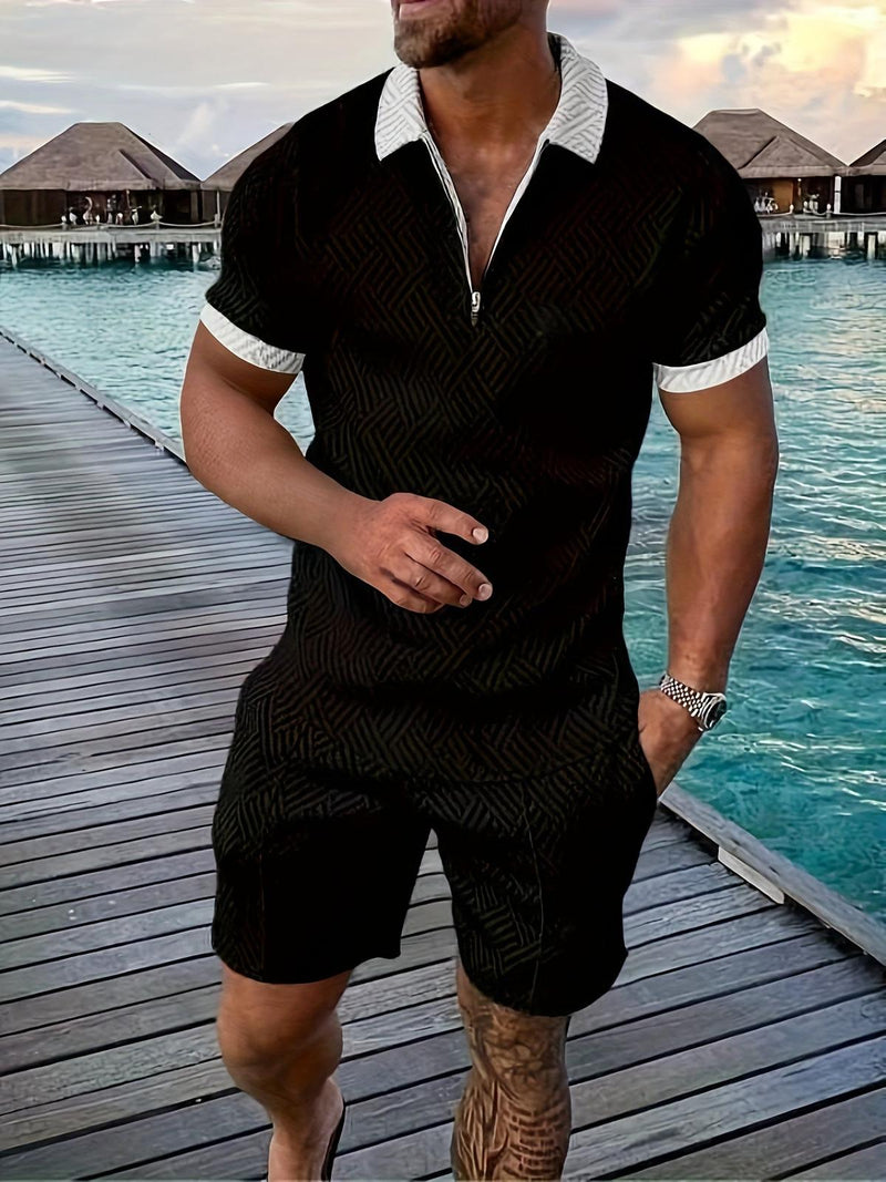 Men&#39;s Geometric Zip-Up Short Set