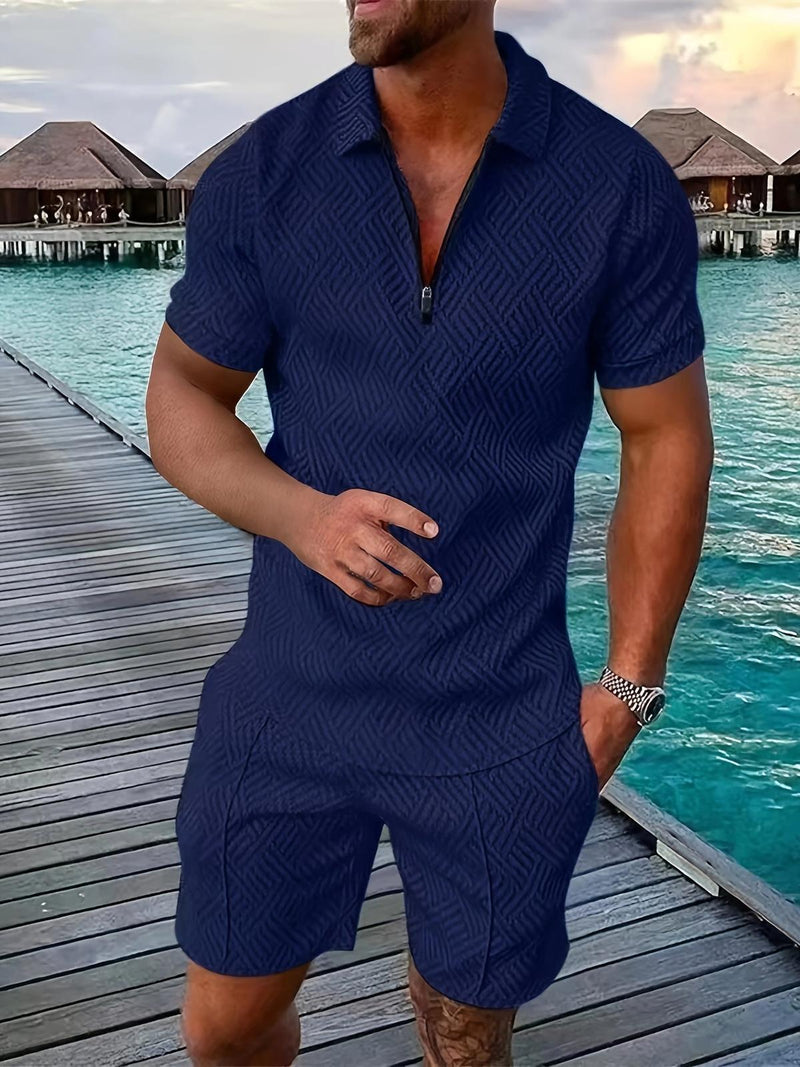 Men&#39;s Geometric Zip-Up Short Set