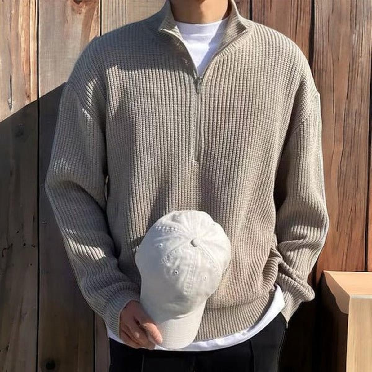 Men&#39;s Harajuku Style Knit Sweater With Fold-Over Collar