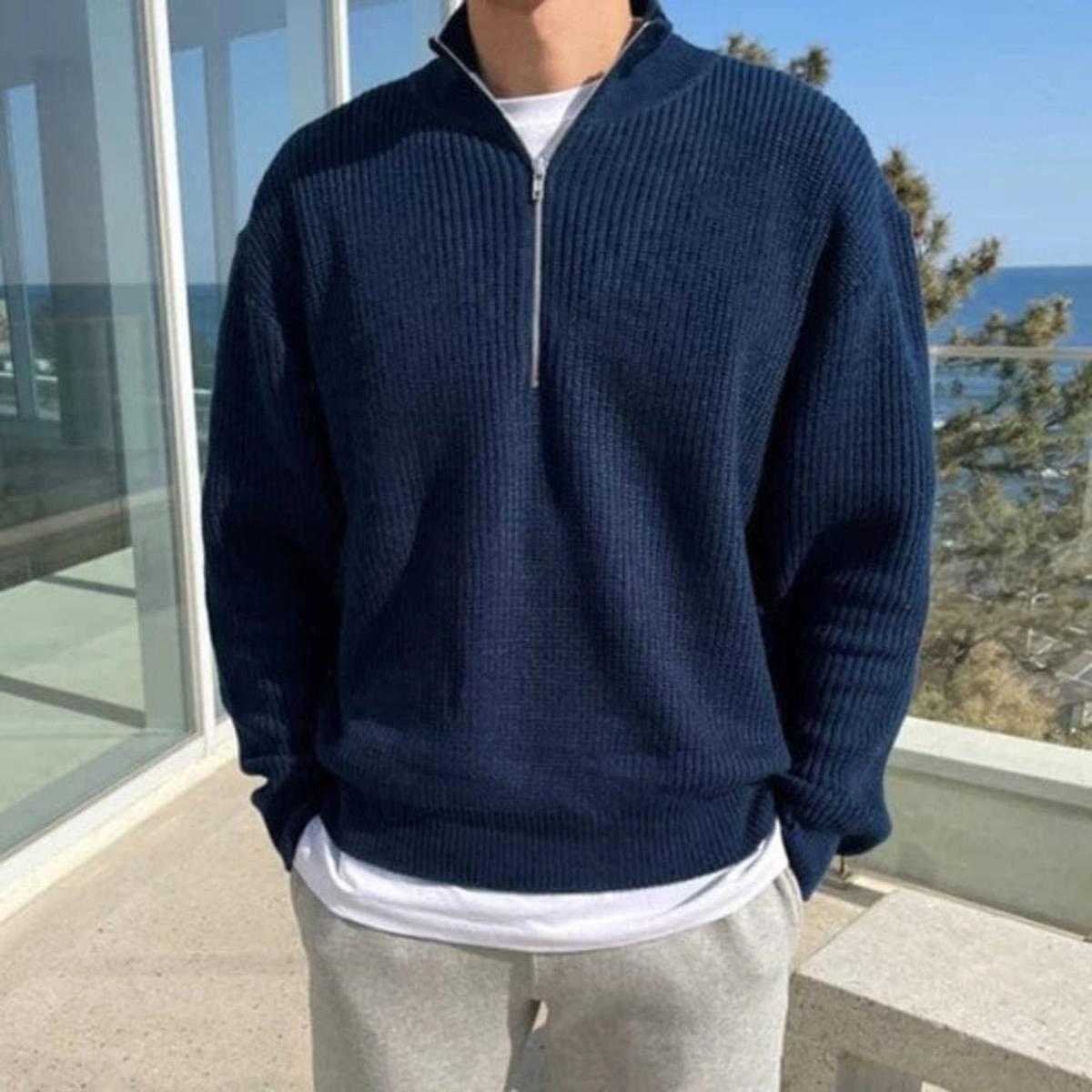 Men&#39;s Harajuku Style Knit Sweater With Fold-Over Collar