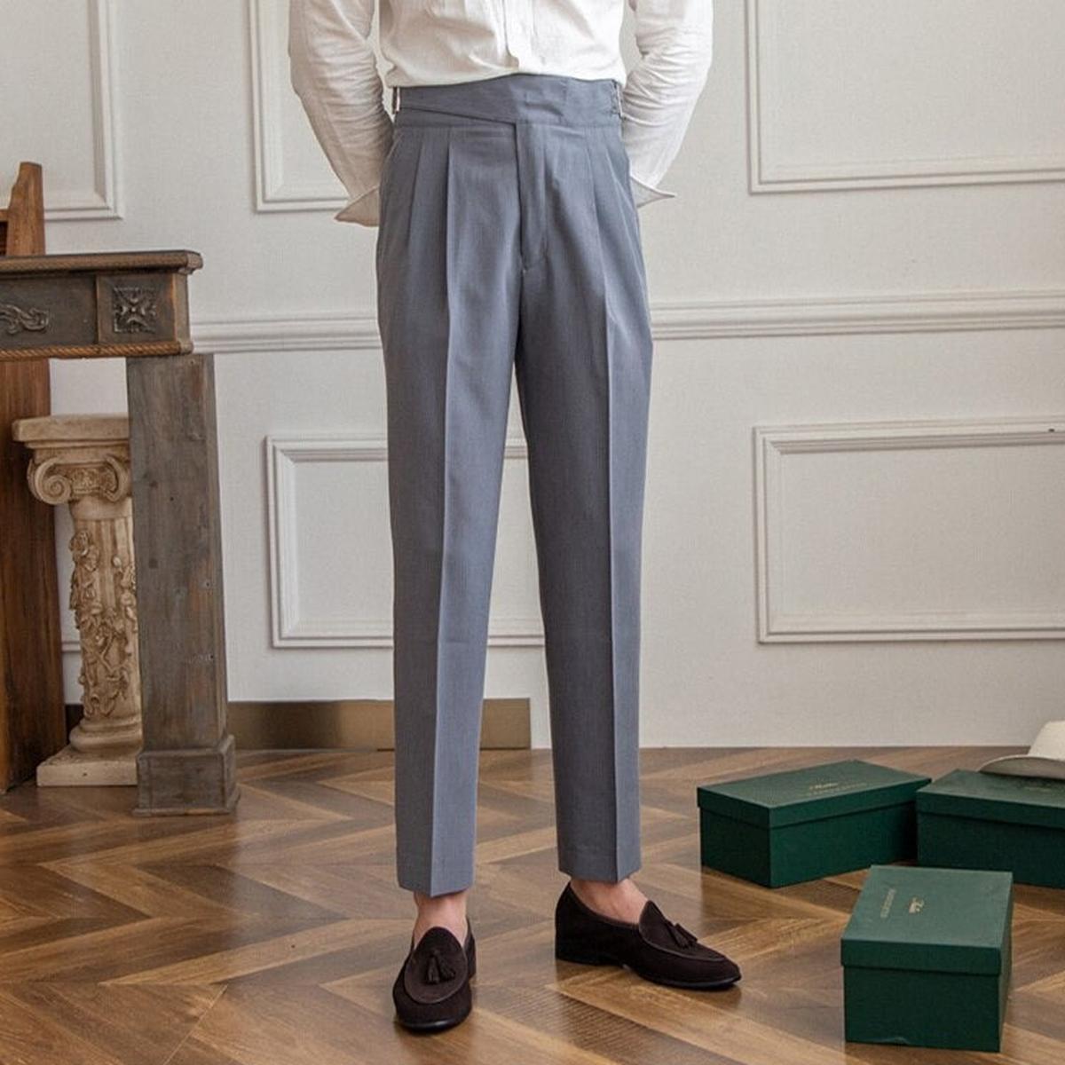 Men&#39;s High-Waisted Pleated Wool Blend Trousers