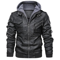 Men&#39;s Hooded Leather Jacket with Multiple Pockets