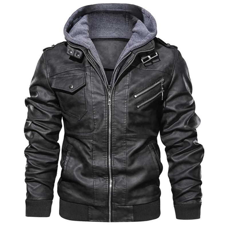 Men&#39;s Hooded Leather Jacket with Multiple Pockets