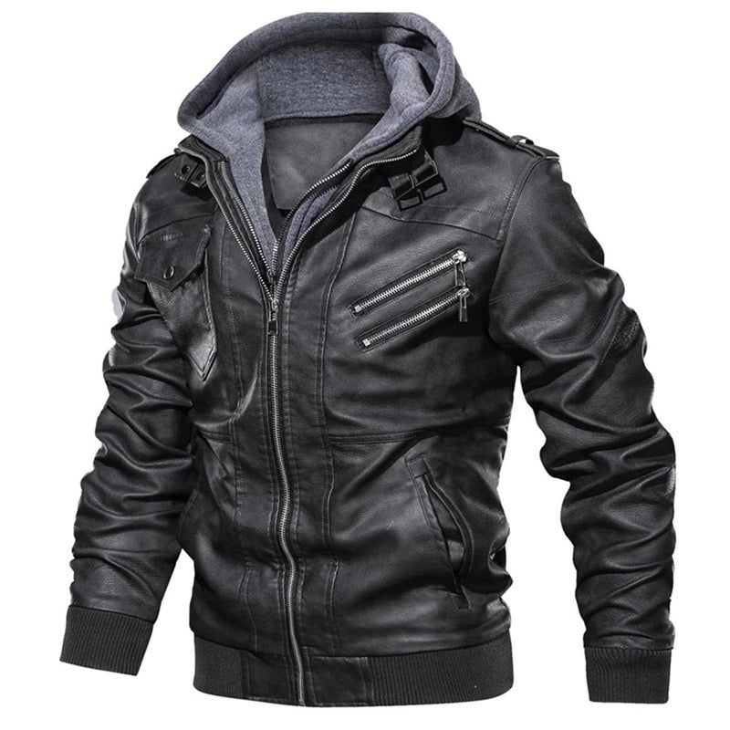Men&#39;s Hooded Leather Jacket with Multiple Pockets