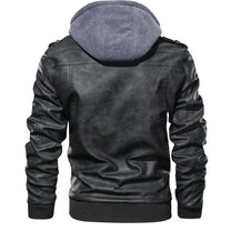 Men&#39;s Hooded Leather Jacket with Multiple Pockets