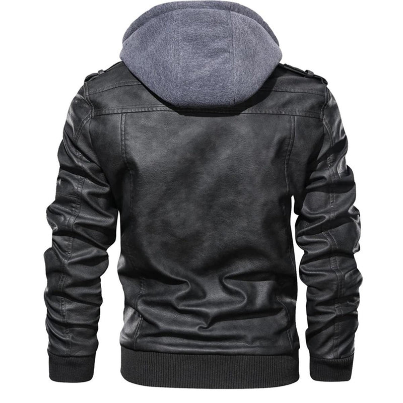 Men&#39;s Hooded Leather Jacket with Multiple Pockets