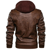 Men&#39;s Hooded Leather Jacket with Multiple Pockets