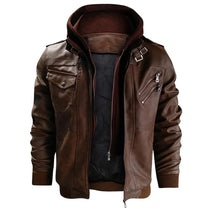 Men&#39;s Hooded Leather Jacket with Multiple Pockets