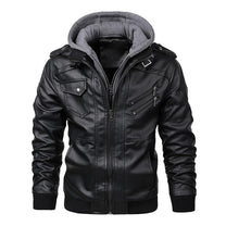 Men&#39;s Hooded Leather Jacket with Multiple Pockets