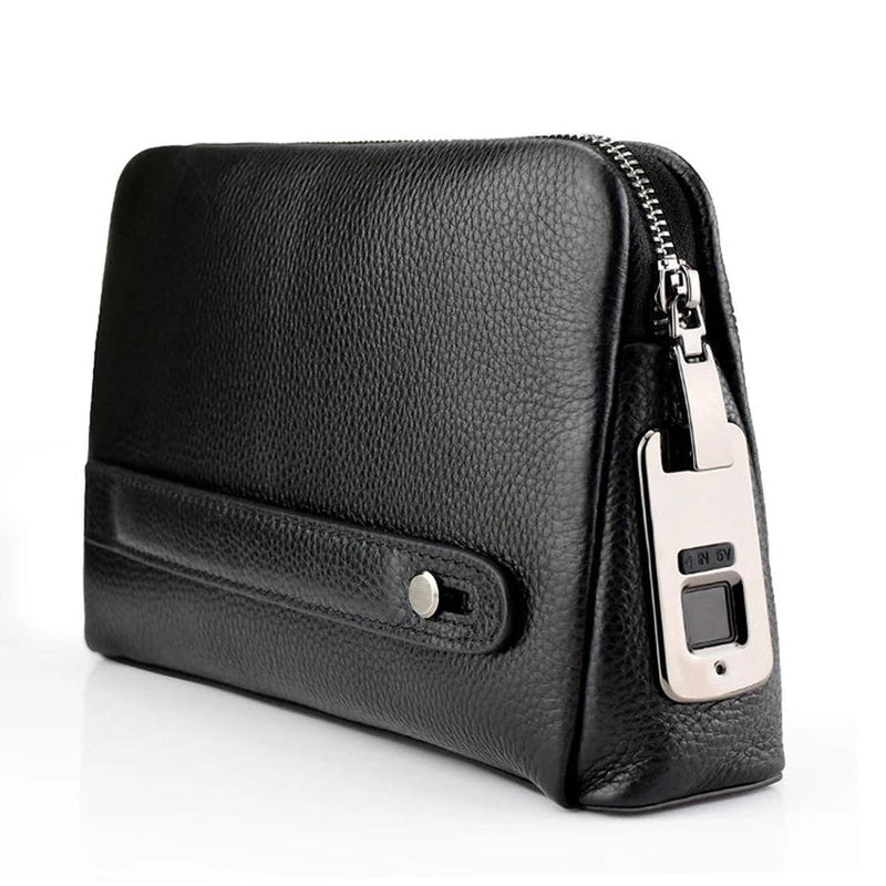 Men&#39;s Leather Anti-Theft Clutch With Fingerprint Lock - Black