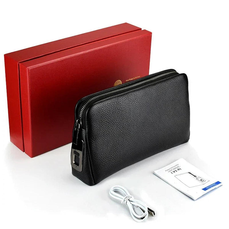 Men&#39;s Leather Anti-Theft Clutch With Fingerprint Lock - Black