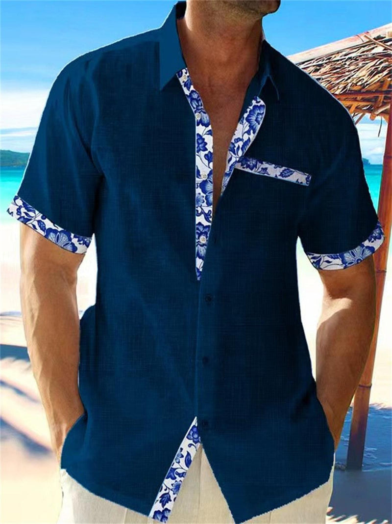 Men&#39;s Linen Floral Trim Casual Button-Up Shirt
