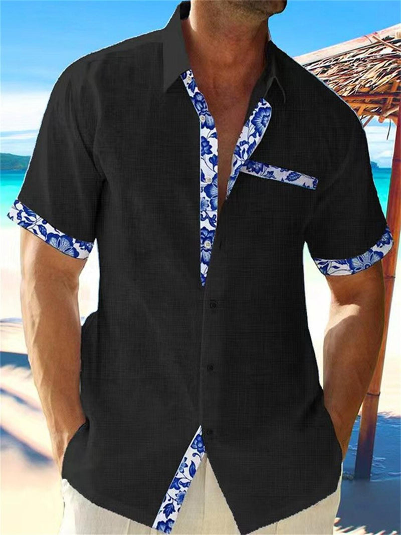 Men&#39;s Linen Floral Trim Casual Button-Up Shirt