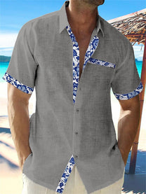 Men&#39;s Linen Floral Trim Casual Button-Up Shirt
