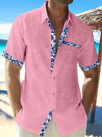 Men&#39;s Linen Floral Trim Casual Button-Up Shirt