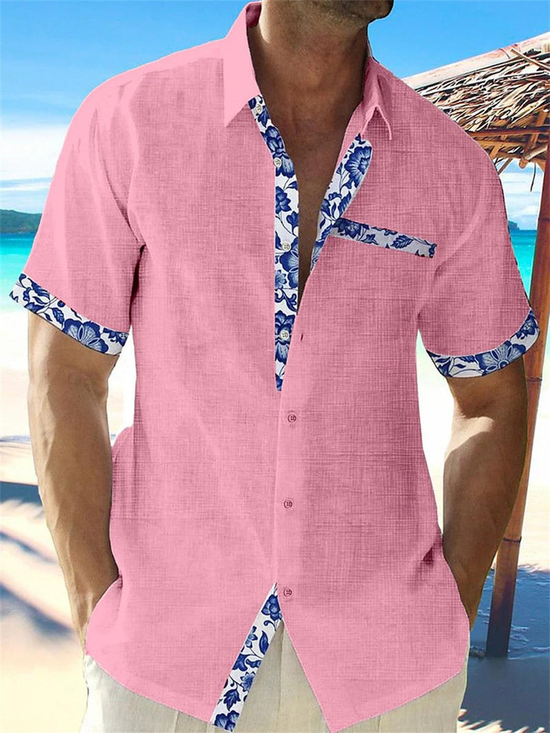Men&#39;s Linen Floral Trim Casual Button-Up Shirt