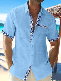Men&#39;s Linen Floral Trim Casual Button-Up Shirt