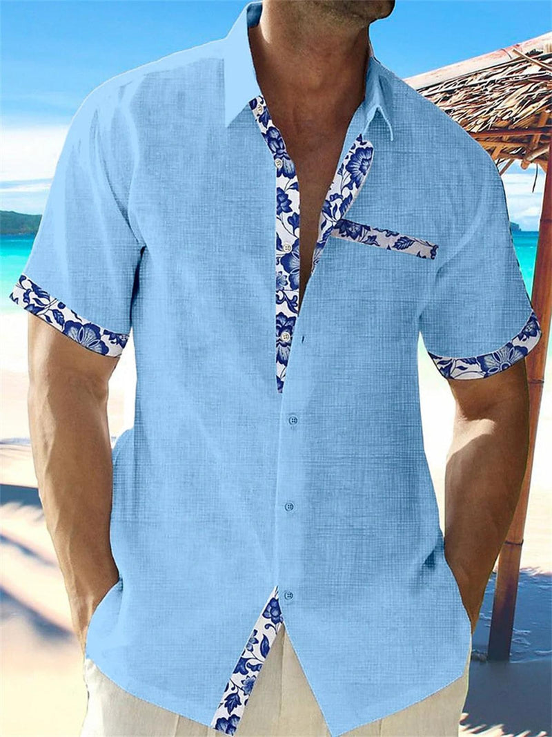 Men&#39;s Linen Floral Trim Casual Button-Up Shirt
