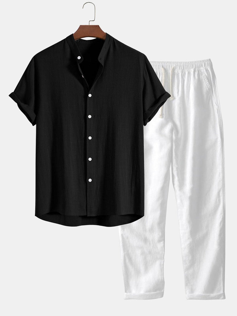 Men&#39;s Linen Shirt And Pants Set With Stand Collar