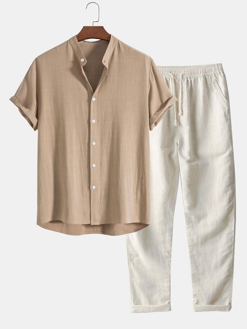 Men&#39;s Linen Shirt And Pants Set With Stand Collar