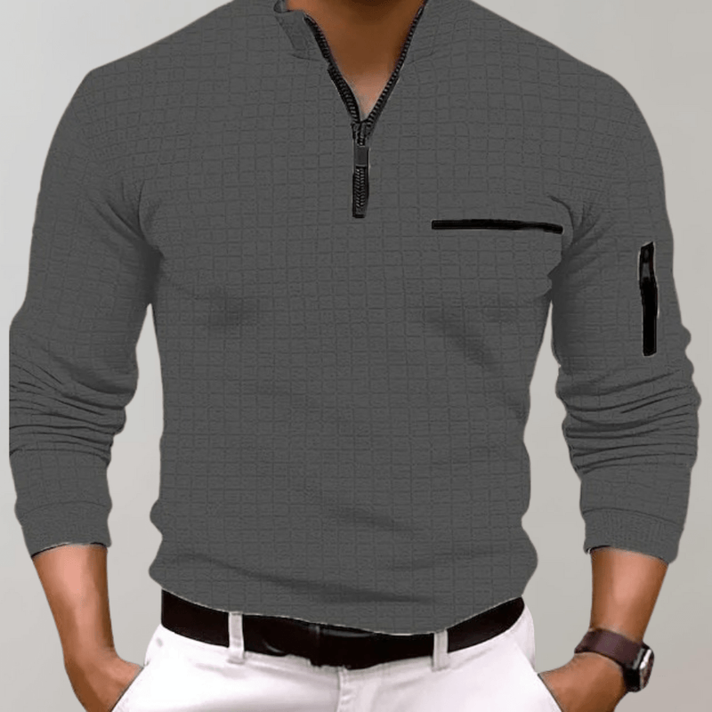 Men&#39;s Long Sleeve Polo Shirt With Zip Closure And Pockets