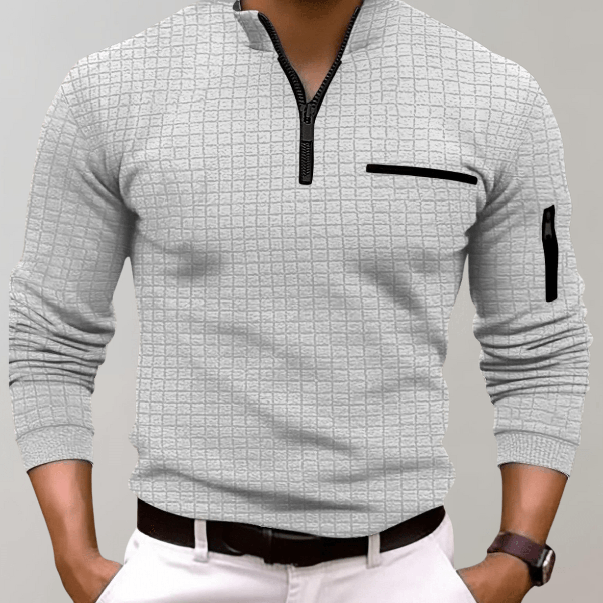 Men&#39;s Long Sleeve Polo Shirt With Zip Closure And Pockets