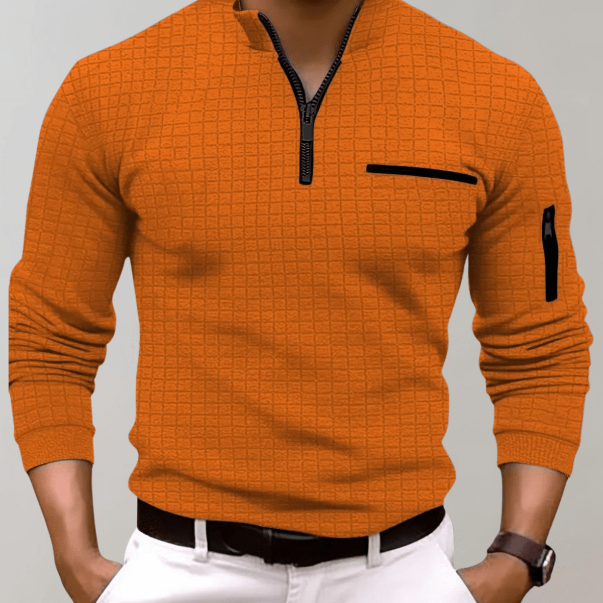 Men&#39;s Long Sleeve Polo Shirt With Zip Closure And Pockets