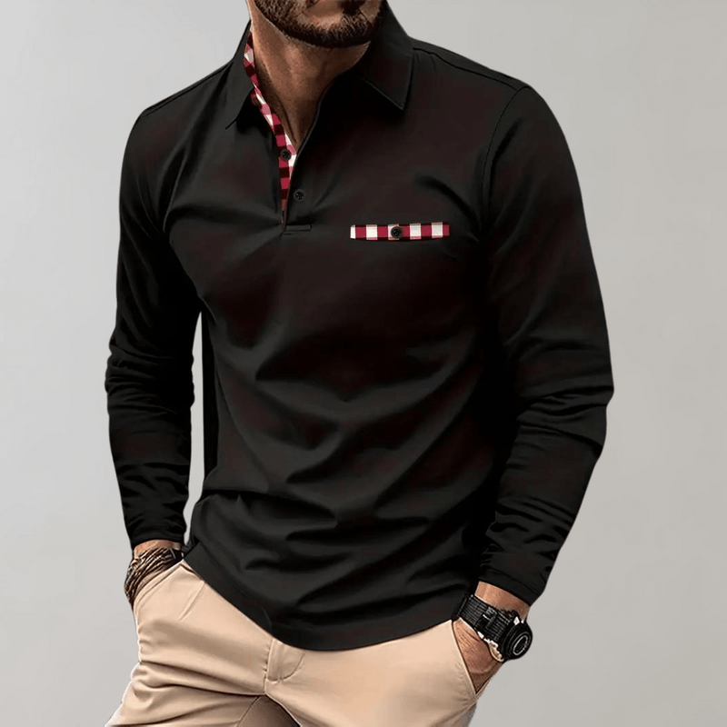 Men&#39;s Long-Sleeve T-Shirt With Checkered Collar And Pocket