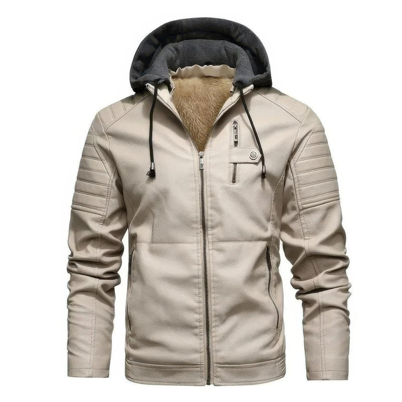 Men&#39;s PU Leather Hooded Winter Coat