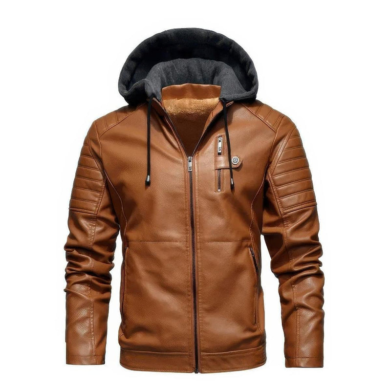 Men&#39;s PU Leather Hooded Winter Coat