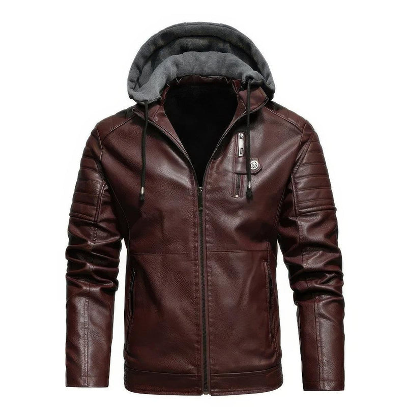 Men&#39;s PU Leather Hooded Winter Coat