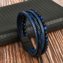 Men&#39;s Punk Layered Leather Stone Bead Bracelet