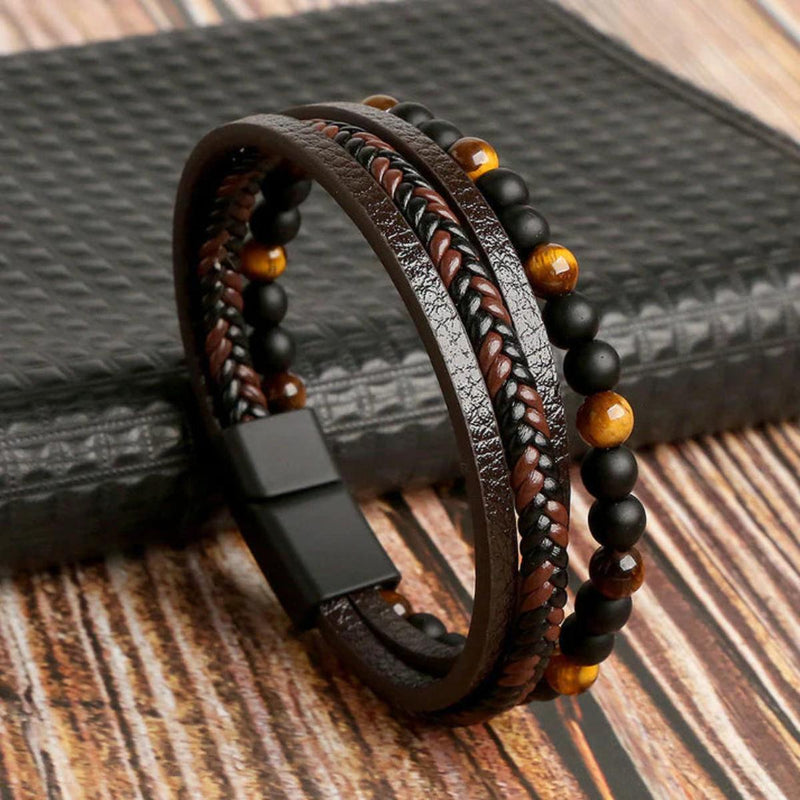 Men&#39;s Punk Layered Leather Stone Bead Bracelet