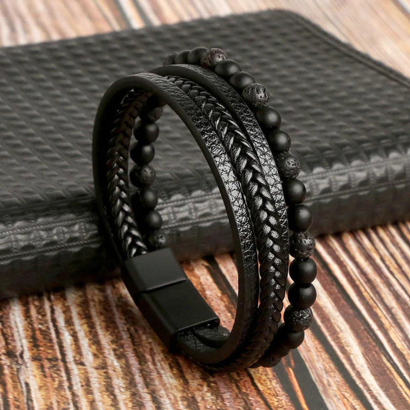 Men&#39;s Punk Layered Leather Stone Bead Bracelet