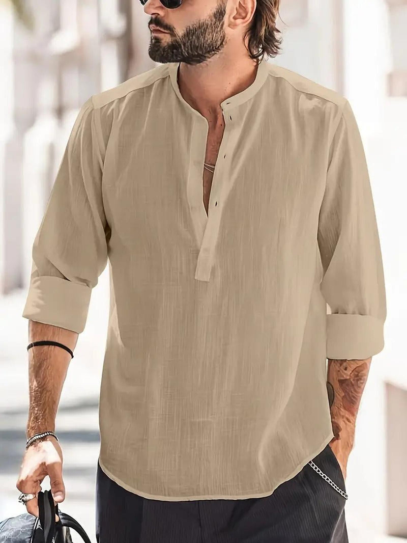 Men&#39;s Regular Fit Linen Shirt With Boat Collar And Long Sleeves